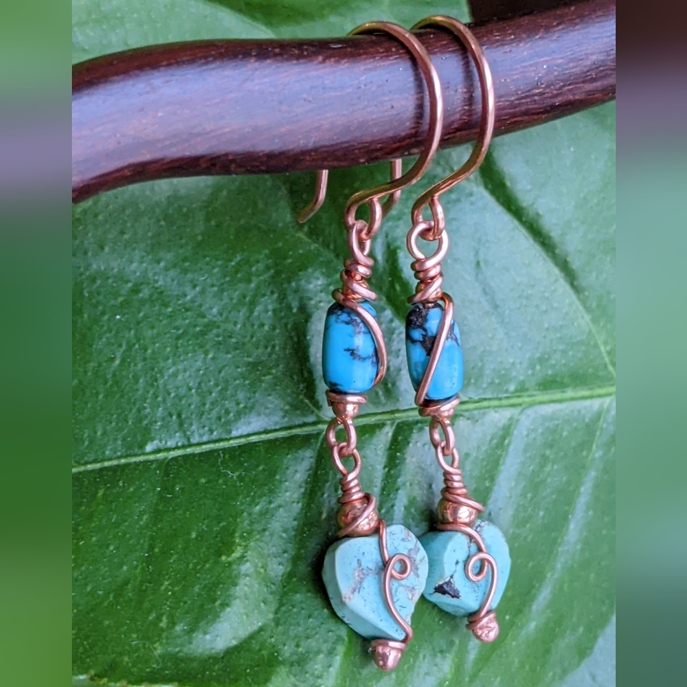 Authentic Turquoise Heart Earrings Copper Wire Wrap Dangle Drop - Picture 6 of 8